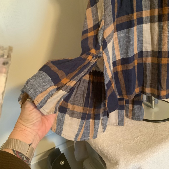 Free People | Preppy in Plaid Ruffled Button Down cute sexy top size M - Picture 9 of 14